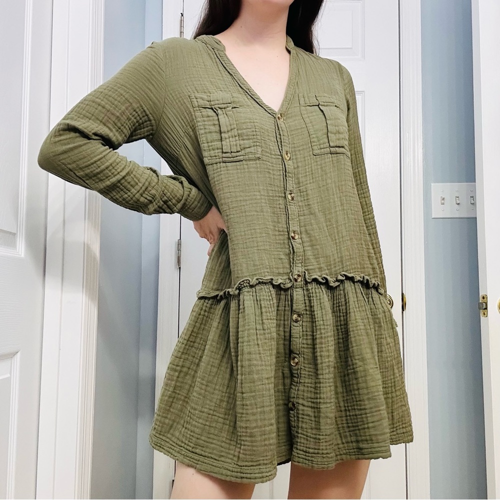 Anthropologie Olive Green Long-Sleeve Button Dress
